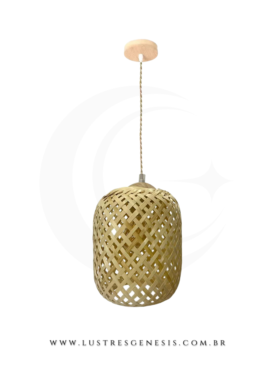 Luminária pendente de fibra de bambu e madeira Ø17cm Komodo, ideal para mesas, balcão de cozinha, área gourmet e sítios.